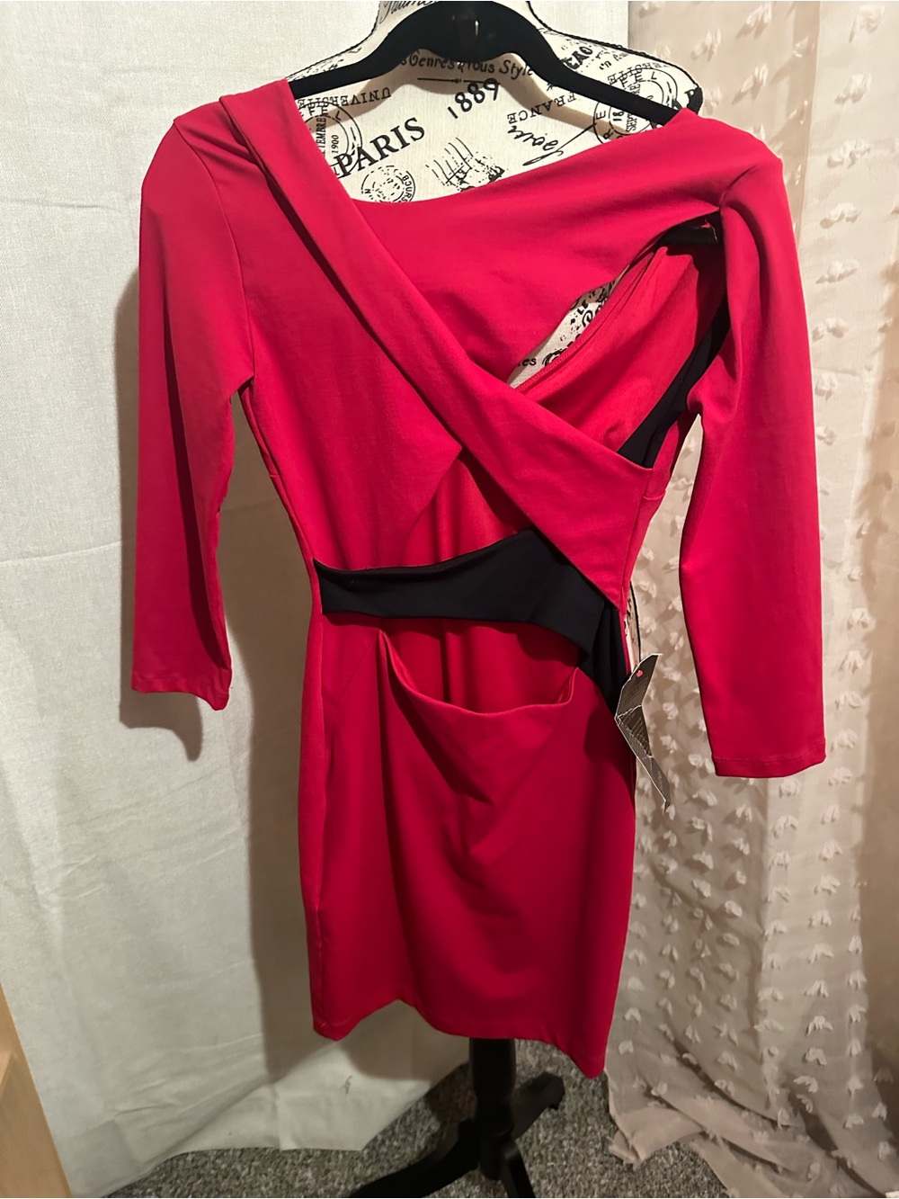bebe One-Shoulder Red Dress with Black Waist Detail